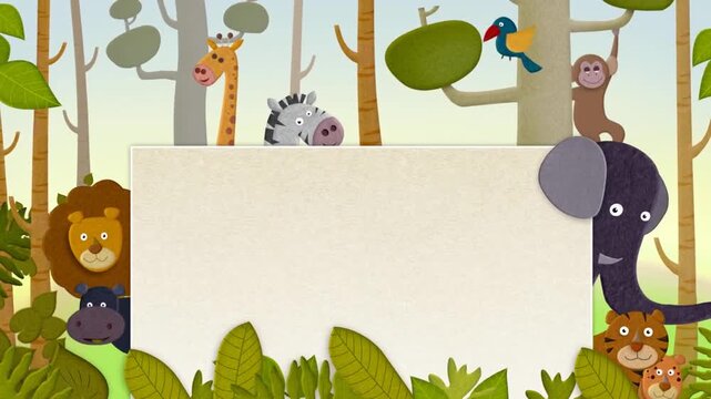 Cute Cartoon Jungle Animals Peeking Over Blank Sign for Kids.