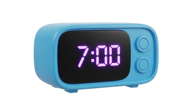 A blue retrostyle digital alarm clock showing 700 isolated on white background