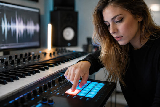 A young woman operates a MIDI pad controller while composing music in a home studio with a keyboard and monitor. She concentrates on lighting a pad as waveforms display on the screen.