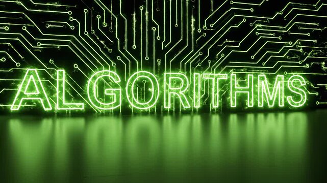 Glowing green neon algorithms text on a dark background representing data science and computer programming.