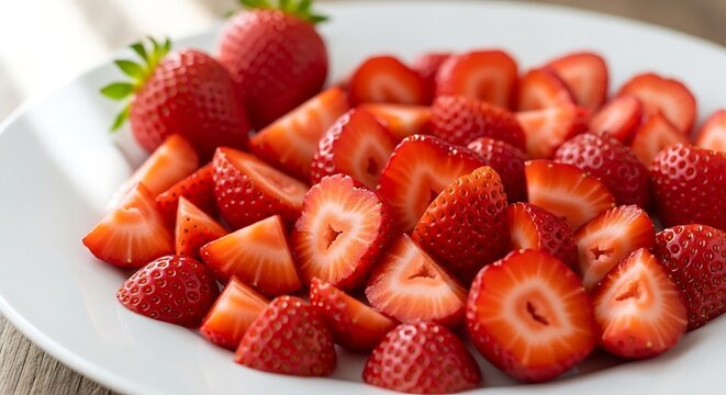 Freshly Sliced Strawberries on a White Plate - A Healthy and Delicious Treat.