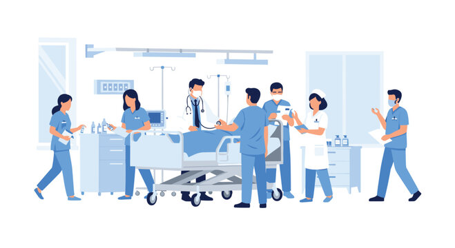 Doctor with a stethoscope examining a patient in a hospital bed surrounded by nurses in a bright clinical ward setting.