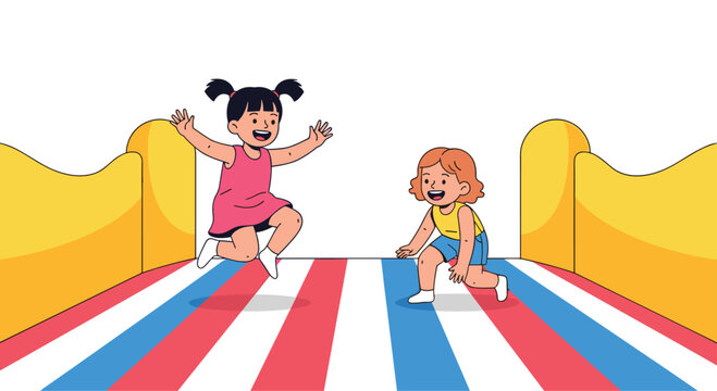 Two young girls jumping and playing on a colorful striped inflatable bounce house surface on a white background for childhood fun and activity.