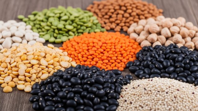 Assorted colorful dried legumes and pulses in a group.