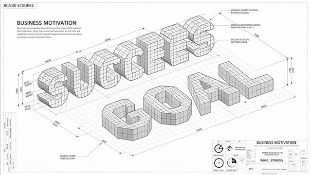 Constructed 3D block letters spelling SUCCESS with technical blueprint details and geometric shading