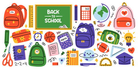 Vector back to school set with cute elements. Backpacks notebooks books chalkboard globe calculator ruler ball lamp stationery and study icons. School collection for education design and kids prints. © Ulyana Mo