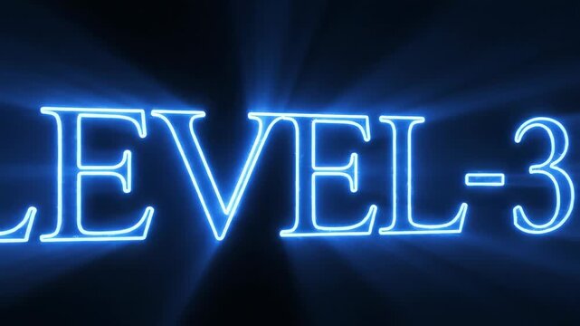 Glowing blue neon level 3 text on a dark background representing video game progression and achievement.