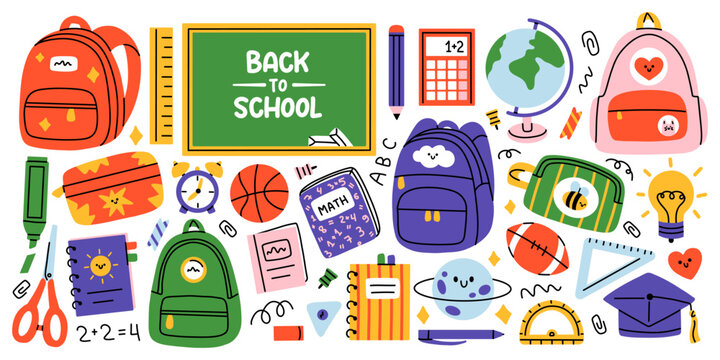Vector back to school set with cute elements. Backpacks notebooks books chalkboard globe calculator ruler ball lamp stationery and study icons. School collection for education design and kids prints.