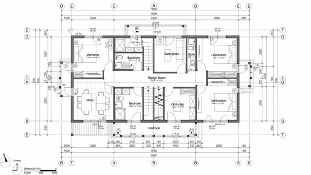 Architectural Floor Plan Drawing of a Modern Residential House with Yellow Details and Structural Elements