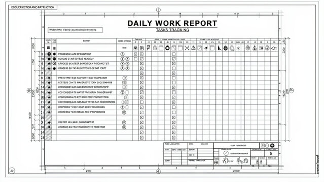 Detailed daily work report form with tables and checkboxes in black and white