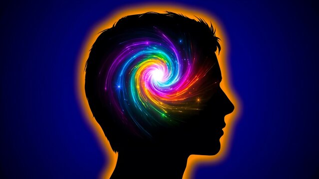 Human silhouette with glowing spiral mind and abstract consciousness concept