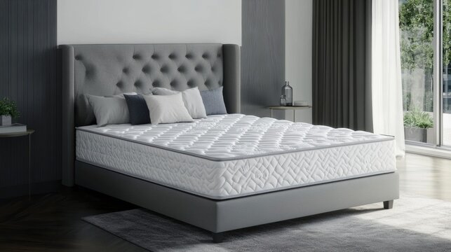 A tufted gray headboard and white mattress on a gray bed frame