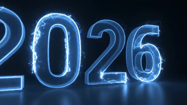 Futuristic glowing blue 2026 number on dark background representing the upcoming new year and future technology.