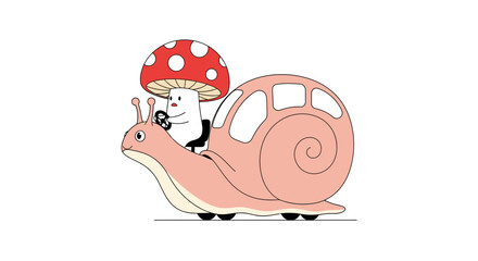 Cute mushroom character driving a snail car, whimsical illustration, isolated on white © asmaul