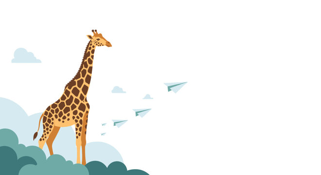 Giraffe Standing Tall Among Clouds with Paper Airplanes Flying