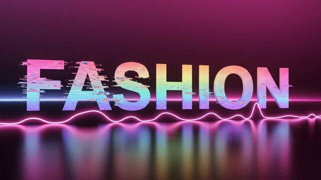 Futuristic 3D fashion text with neon glitch effect and vibrant pink glowing lines on a dark reflective surface.