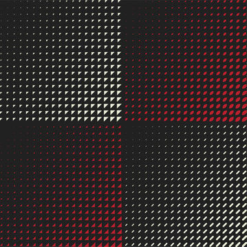 A set of four seamless abstract halftone patterns featuring geometric shapes (triangles and rounded oblongs) in red and beige on a dark background. 