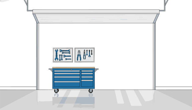 Blue metal tool chest with drawers placed in a garage with a pegboard wall displaying various wrenches and pliers, automotive repair and workshop organization.