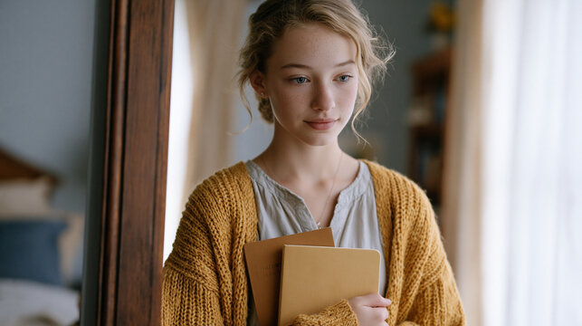Teen stands in front of full-length mirror in modest bedroom holding two different journal covers against chest with thoughtful expression teen identity self-concept adolescent