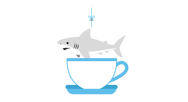 Shark in teacup, concept of danger, surprise, or a metaphor for a difficult situation