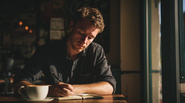 Man writing his thoughts in a notebook at a caf&eacute;, soft window light