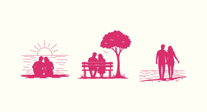 Minimalist Pink Romantic Couple Silhouette Collection with Sunset Beach and Park Bench Scenes