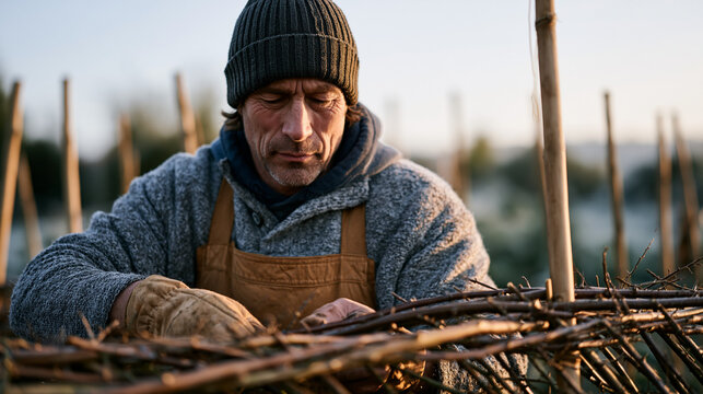 Hedge layer working by hand along Devon country lane carefully selecting living blackthorn stem to pleach low at ground level and weave horizontally through upright stakes