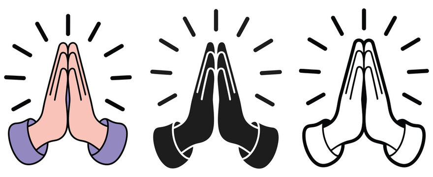 folded hands prayer icon set, vector illustration featuring gratitude and meditation symbols, spiritual and religious gestures, praying hands icons, flat design for modern communication and wellness t