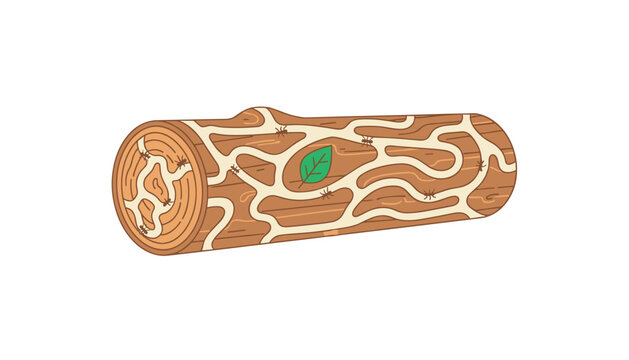 Wood log showing intricate termite tunnel galleries and a single green leaf on a clean white background for pest control or nature education.