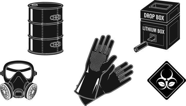 Hazardous Waste Disposal and Chemical Safety Industrial Equipment Solid Black Icon Set with Metal Drum Gas Mask Gloves Drop Box and Biohazard Sign