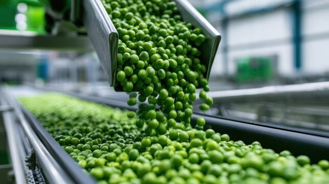 Green peas falling on a conveyor belt in a food processing factory