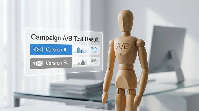 Wooden mannequin analyzing digital marketing campaign A/B test results on a virtual dashboard in a modern office.