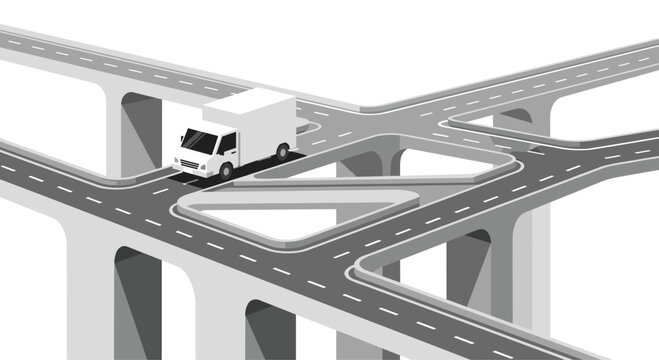White truck navigating a complex isometric highway junction with concrete overpasses and clear road markings for efficient logistics transport.