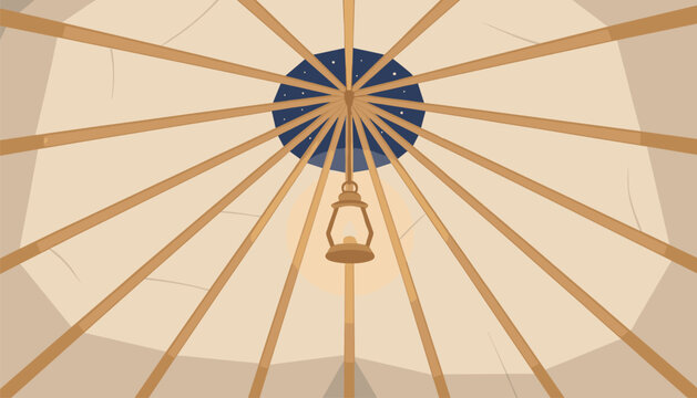 Low angle view of a yurt interior ceiling with radial wooden rafters and a hanging lantern against a night sky dome.
