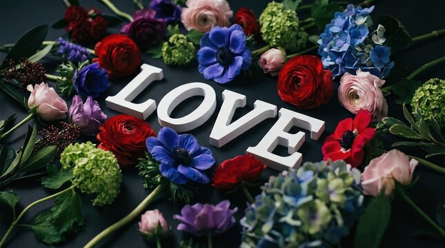 White wooden letters spelling love surrounded by a vibrant variety of colorful spring flowers on a dark background.