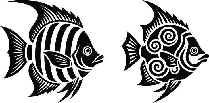 Two black and white tribal fish designs stylized vector illustration
