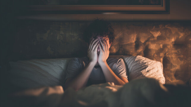 Young man covering his face with his hands while sitting in bed at night ,depression, young men in his bed, teen watching in his phone in the dark, teen hiding his head under the p