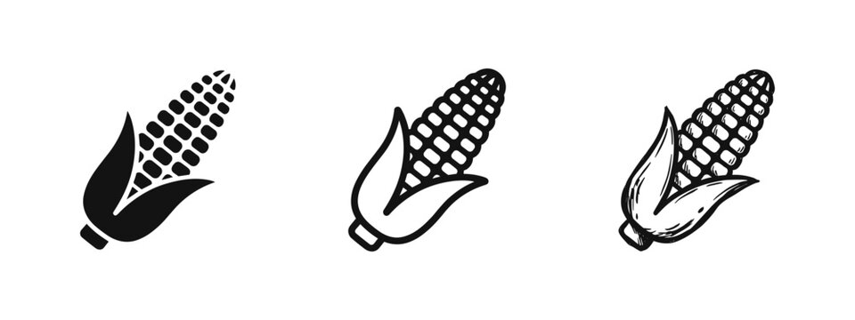 Ear of corn cob icon set in solid, outline, and hand-drawn styles