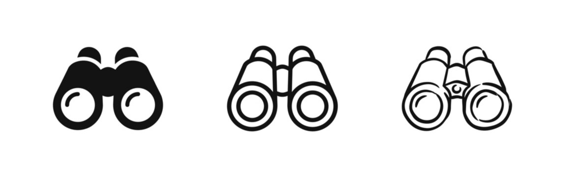 Binoculars icon set in solid, outline, and hand-drawn styles