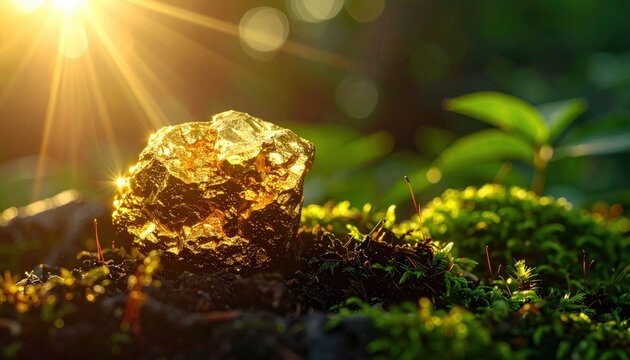 Naturally formed irregular gold nugget sparkling under sunlight on mossy forest ground