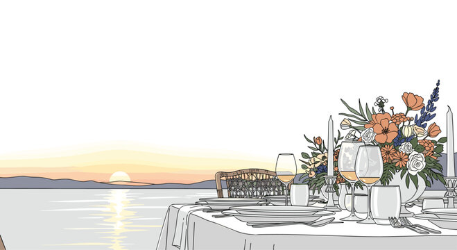 Elegant dinner table setting with flowers and wine glasses overlooking a sunset sea view for romantic dining and luxury event planning concepts.