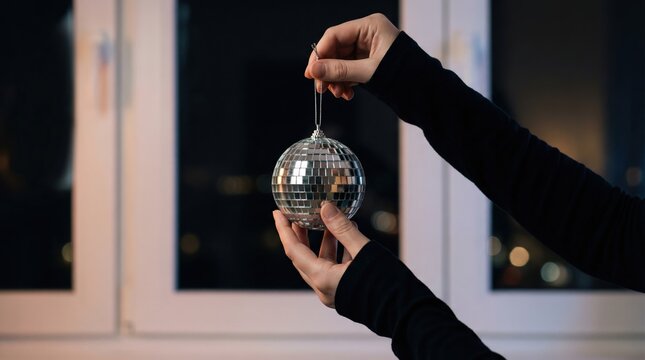 Person holding a small silver disco ball ornament against a night window background for festive party preparation.