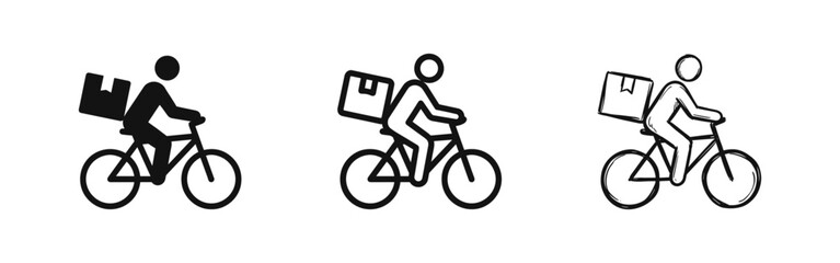 Obraz premium Delivery Rider on Bicycle Icon Set with Package Box in Solid, Line and Doodle Styles