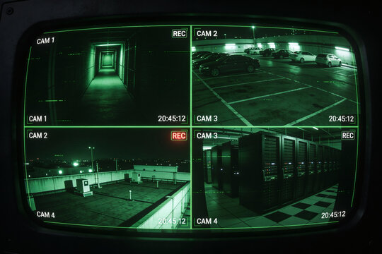 Quad split screen security monitor displaying multiple surveillance camera feeds in dark room