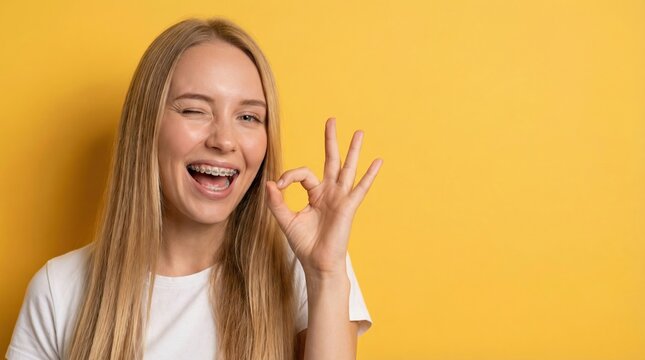 Happy young woman with dental braces showing ok gesture and winking against a yellow background.