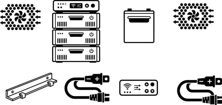 Modular Server Rack Battery Energy Storage System Icon Set Featuring Inverter Units Cooling Fan Assembly Mounting Bracket Jumper Cable and Wireless Remote Controller Vector Illustration