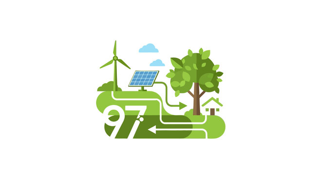 Green Energy Concept: Solar Panel, Wind Turbine, Tree, House, and 97%