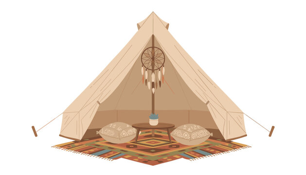 Teepee tent interior featuring a hanging dreamcatcher, a small wooden table with a plant, floor cushions, and a colorful patterned rug.