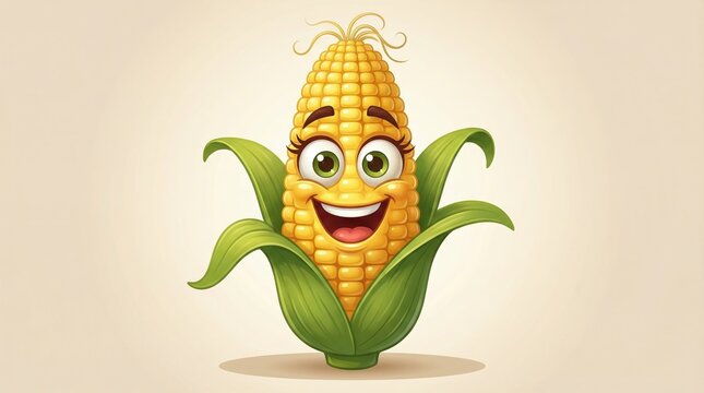 Cute cartoon corn character mascot with a happy smiling face and green leaves.