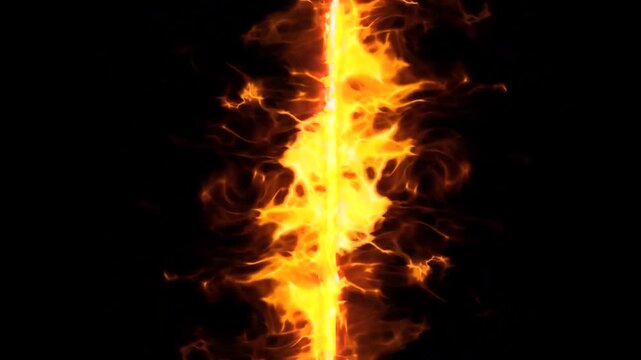 Vertical column of intense fire burning brightly against a black background.